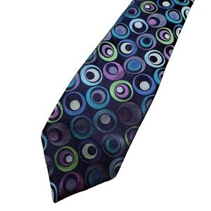 Ted Baker London Mens Silk Tie Navy Blue Purple Green Geometric Circles Retro